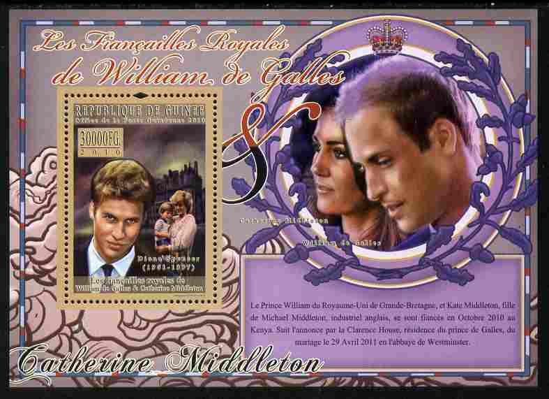 Guinea - Conakry 2010 The Royal Engagement - Prince William & Kate perf souvenir sheet unmounted mint , stamps on royalty, stamps on william, stamps on kate, stamps on diana