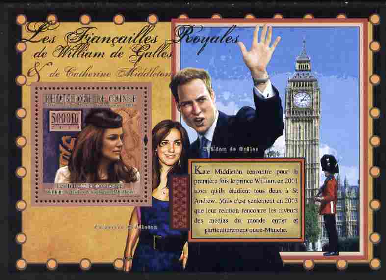 Guinea - Conakry 2010 The Royal Engagement - Prince William & Kate #1 - Big Ben perf deluxe sheet unmounted mint , stamps on , stamps on  stamps on royalty, stamps on  stamps on william, stamps on  stamps on kate, stamps on  stamps on london, stamps on  stamps on clocks