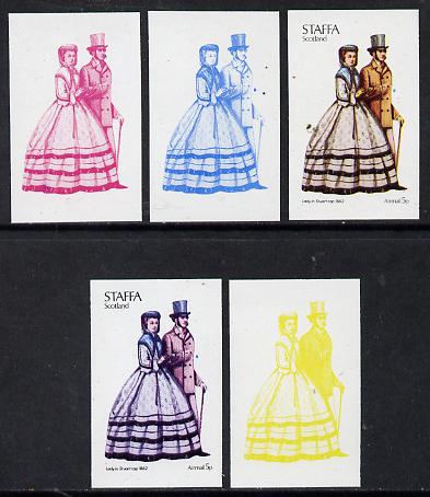 Staffa 1974 Costumes 5p (Lady in Stuart Cap 1862) set of 5 imperf progressive colour proofs comprising 3 individual colours (red, blue & yellow) plus 3 and all 4-colour composites unmounted mint, stamps on costumes