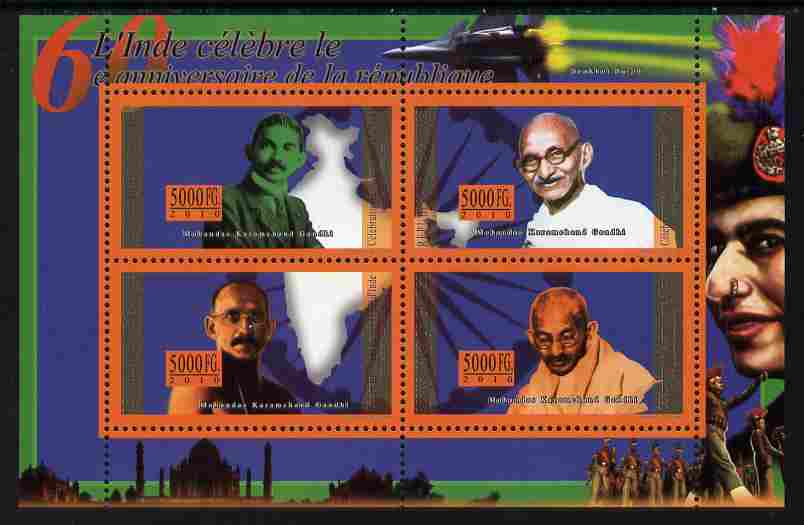 Guinea - Conakry 2010 60 Years of the Republic of India perf sheetlet containing 4 values unmounted mint , stamps on personalities, stamps on gandhi