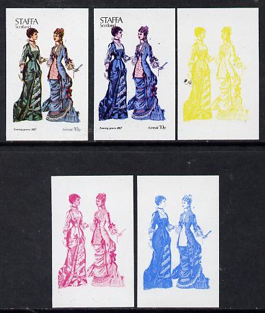 Staffa 1974 Costumes 10p (Evening Gowns 1887) set of 5 imperf progressive colour proofs comprising 3 individual colours (red, blue & yellow) plus 3 and all 4-colour composites unmounted mint, stamps on , stamps on  stamps on costumes