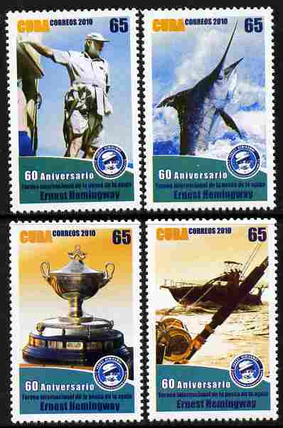 Cuba 2010 Ernest Hemingway perf set of 4 values unmounted mint, stamps on personalities, stamps on literature, stamps on fish, stamps on fishing, stamps on ships