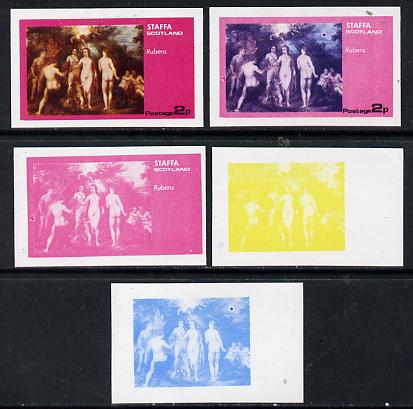 Staffa 1974 Paintings of Nudes  2p (Rubens) set of 5 imperf progressive colour proofs comprising 3 individual colours (red, blue & yellow) plus 3 and all 4-colour composi..., stamps on arts    nudes, stamps on renaissance