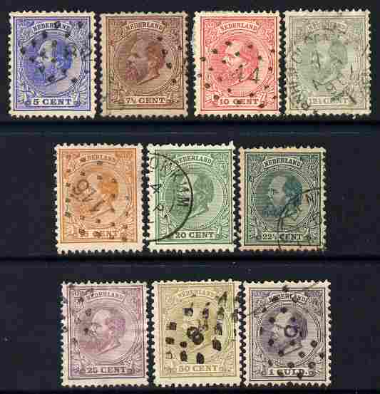 Netherlands 1872 King William set of 10 values 5c to 1g (one x 25c) good to fine used, cat \A3190, stamps on 