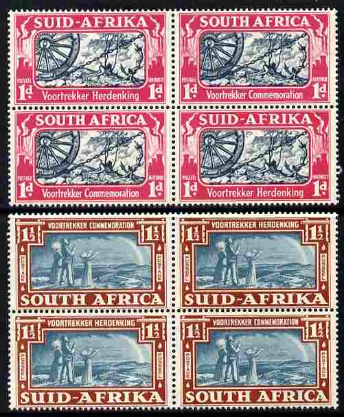 South Africa 1938 KG6 Voortrekker Commemoration blocks of 4 unmounted mint, the 1d block including three bolts variety SG 80/80a-81, stamps on 