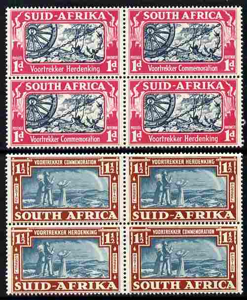 South Africa 1938 KG6 Voortrekker Commemoration blocks of 4 unmounted mint, the 1d block including 'three bolts' variety SG 80/80a-81, stamps on , stamps on  stamps on south africa 1938 kg6 voortrekker commemoration blocks of 4 unmounted mint, stamps on  stamps on  the 1d block including 'three bolts' variety sg 80/80a-81