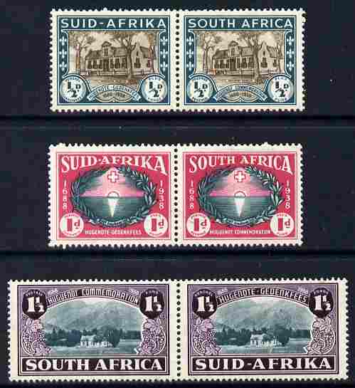 South Africa 1939 Huguenot set of 6 (3 se-tenant pairs) in fine mounted mint horiz pairs, SG 82-84, stamps on , stamps on  stamps on south africa 1939 huguenot set of 6 (3 se-tenant pairs) in fine mounted mint horiz pairs, stamps on  stamps on  sg 82-84