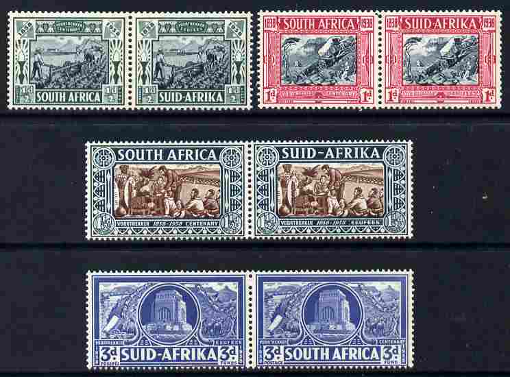 South Africa 1938 Voortrekker Mem Fund set of 4 in horiz pairs, one 1/2dd is creased otherwise fine unmounted mint, SG76-79 , stamps on 