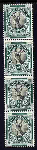 South Africa 1930-45 Springbok 1/2d vert coil strip of 4 with two Afrikaans inscriptions together, mounted mint SG 42a, stamps on 