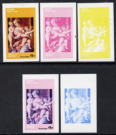 Staffa 1974 Paintings of Nudes  4p (Salviati) set of 5 imperf progressive colour proofs comprising 3 individual colours (red, blue & yellow) plus 3 and all 4-colour composites unmounted mint, stamps on , stamps on  stamps on arts    nudes