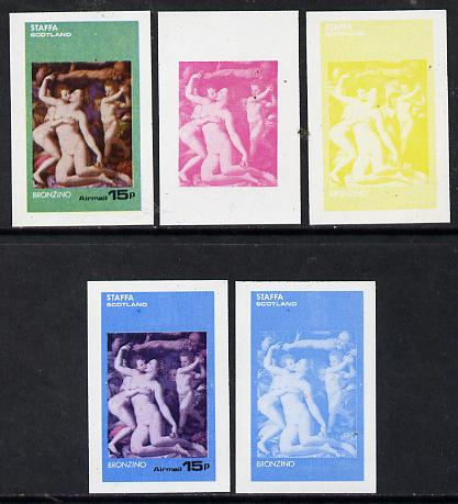 Staffa 1974 Paintings of Nudes  15p (Bronzino) set of 5 imperf progressive colour proofs comprising 3 individual colours (red, blue & yellow) plus 3 and all 4-colour comp..., stamps on arts    nudes