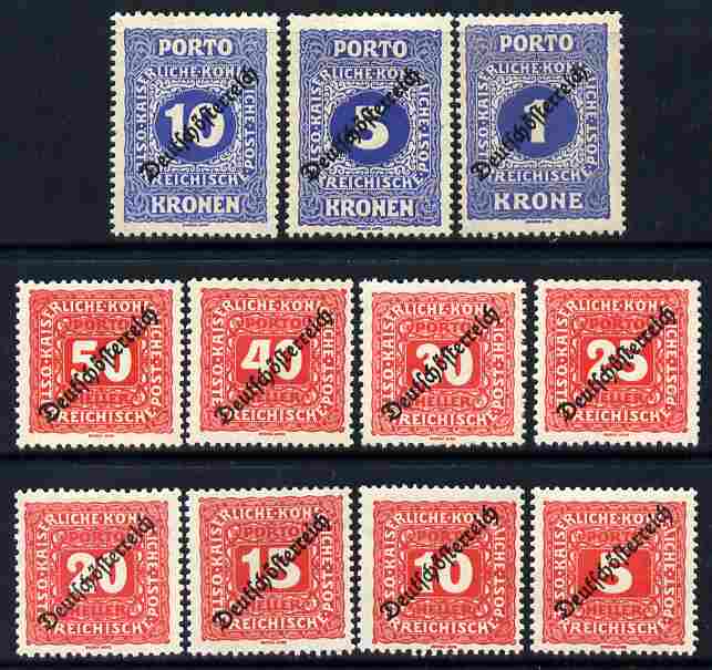 Austria 1919 Postage Due set of 11 optd Deutschosterreich mounted mint D323-333, stamps on postage due