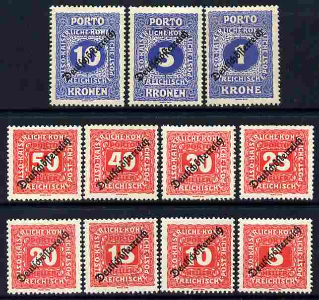 Austria 1919 Postage Due set of 11 opt'd Deutschosterreich mounted mint D323-333, stamps on postage due