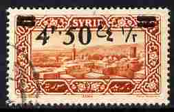 Syria 1926 4p50 on 0p75 brown-red fine used single with 'comma' variety as SG 215 , stamps on , stamps on  stamps on syria 1926 4p50 on 0p75 brown-red fine used single with 'comma' variety as sg 215 