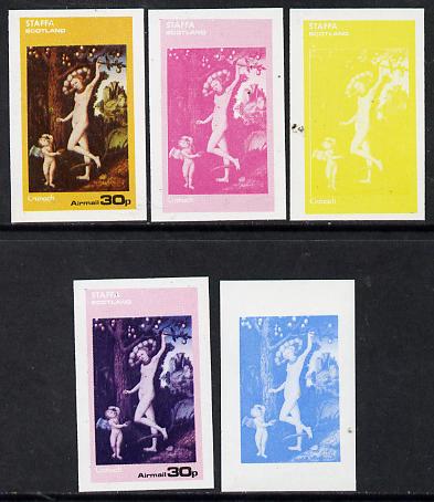 Staffa 1974 Paintings of Nudes  30p (Cranach) set of 5 imperf progressive colour proofs comprising 3 individual colours (red, blue & yellow) plus 3 and all 4-colour composites unmounted mint, stamps on , stamps on  stamps on arts    nudes    cranach