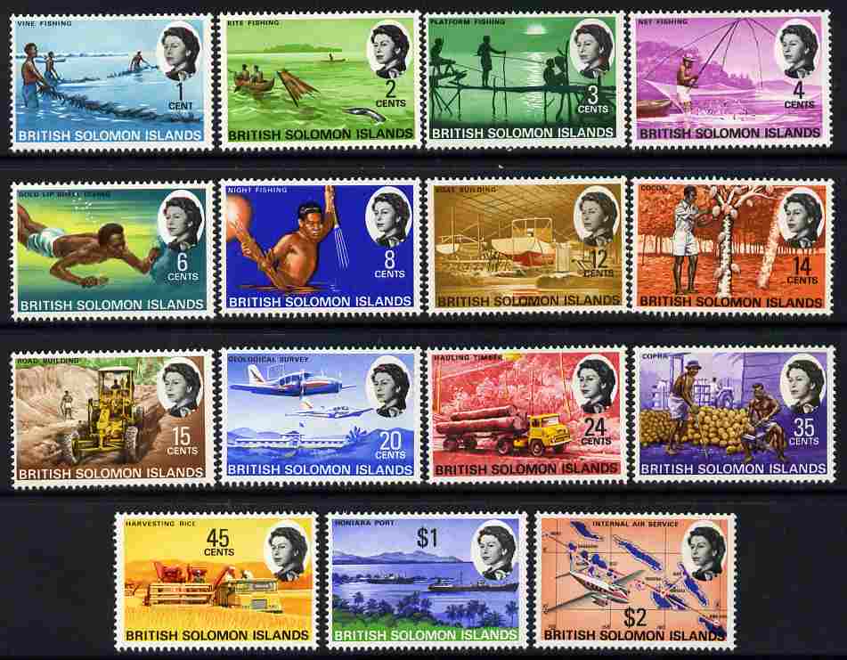 Solomon Islands 1968-71 Pictorial definitive set complete 15 values 1c to $2 unmounted mint SG166-80, stamps on 