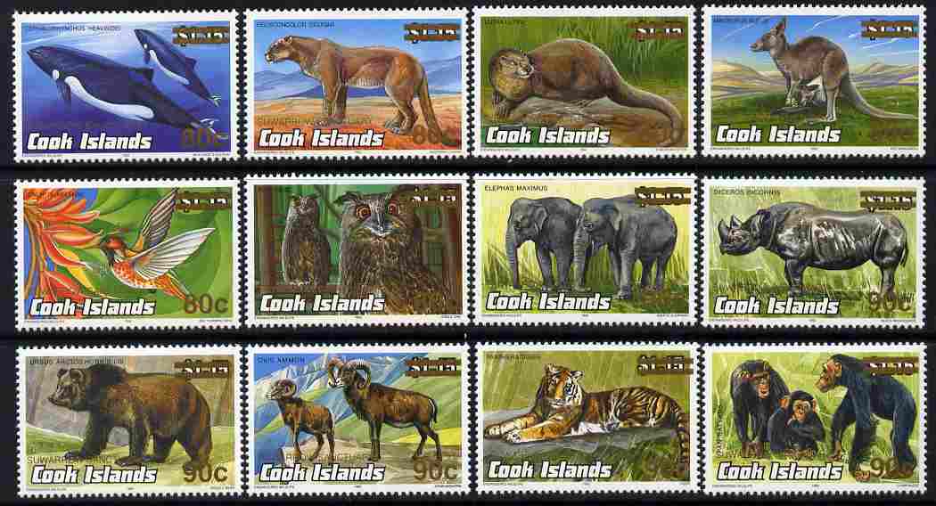 Cook Islands 2001 Suwarrow Sanctuary overprint and surcharge on Animals  set of 12 unmounted mint SG 1443-54, stamps on , stamps on  stamps on animals, stamps on  stamps on birds, stamps on  stamps on owls, stamps on  stamps on hummingbirds, stamps on  stamps on birds of prey, stamps on  stamps on puma, stamps on  stamps on cats, stamps on  stamps on otters, stamps on  stamps on kangaroos, stamps on  stamps on elephants, stamps on  stamps on bears, stamps on  stamps on apes, stamps on  stamps on rhinos, stamps on  stamps on tigers, stamps on  stamps on 