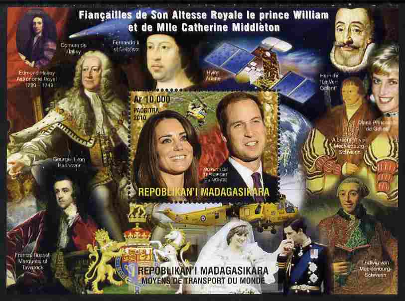 Madagascar 2010 Royal Engagement - William & Kate #1 perf s/sheet unmounted mint. Note this item is privately produced and is offered purely on its thematic appeal, stamps on , stamps on  stamps on royalty, stamps on  stamps on william, stamps on  stamps on kate, stamps on  stamps on royal wedding, stamps on  stamps on diana, stamps on  stamps on helicopters, stamps on  stamps on satellites, stamps on  stamps on space, stamps on  stamps on halley, stamps on  stamps on comets, stamps on  stamps on 