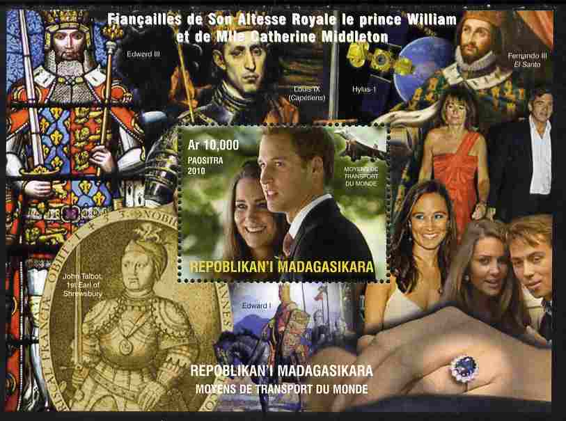 Madagascar 2010 Royal Engagement - William & Kate #2 perf s/sheet unmounted mint. Note this item is privately produced and is offered purely on its thematic appeal, stamps on , stamps on  stamps on royalty, stamps on  stamps on william, stamps on  stamps on kate, stamps on  stamps on royal wedding, stamps on  stamps on concorde, stamps on  stamps on stained glass, stamps on  stamps on satellites, stamps on  stamps on space, stamps on  stamps on 