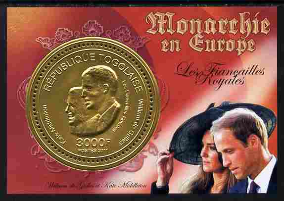 Togo 2011 European Monarchs - Royal Engagement - William & Kate perf s/sheet (gold foil) unmounted mint, stamps on royalty, stamps on william, stamps on kate, stamps on royal wedding, stamps on 