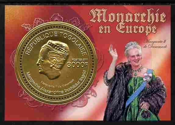 Togo 2011 European Monarchs - Margrethe II of Denmark perf s/sheet (gold foil) unmounted mint, stamps on , stamps on  stamps on royalty, stamps on  stamps on 