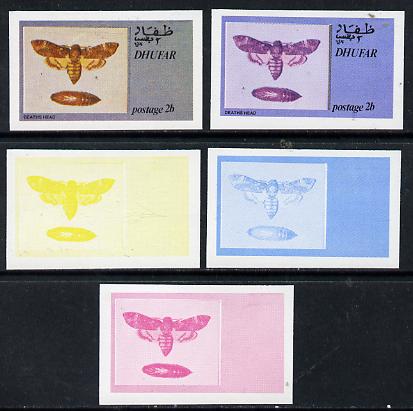 Dhufar 1974 Moths 2b (Deaths Head) set of 5 imperf progressive colour proofs comprising 3 individual colours (red, blue & yellow) plus 3 and all 4-colour composites unmounted mint, stamps on , stamps on  stamps on butterflies    death