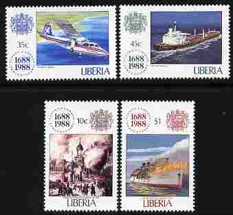 Liberia 1988 300th Anniversary of Lloyds of London perf set of 4 unmounted mint SG 1708-11, stamps on aviation, stamps on london, stamps on fire, stamps on ships, stamps on  oil , stamps on 