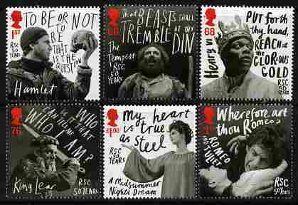 Great Britain 2011 Royal Shakespeare Company perf set of 6 unmounted mint , stamps on , stamps on  stamps on literature, stamps on  stamps on shakespeare, stamps on  stamps on theatres, stamps on  stamps on 
