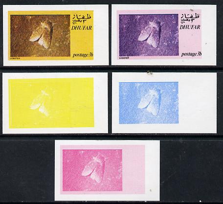 Dhufar 1974 Moths 3b (Lobster) set of 5 imperf progressive colour proofs comprising 3 individual colours (red, blue & yellow) plus 3 and all 4-colour composites unmounted...