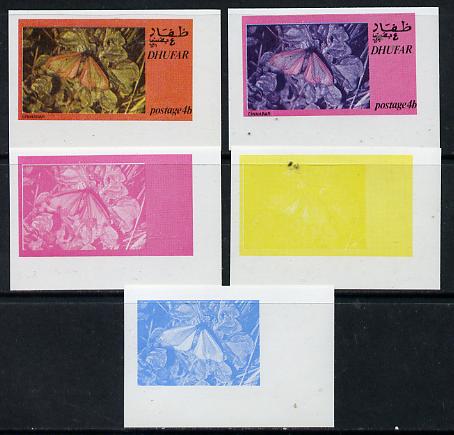 Dhufar 1974 Moths 4b (Cinnabar) set of 5 imperf progressive colour proofs comprising 3 individual colours (red, blue & yellow) plus 3 and all 4-colour composites unmounted mint, stamps on , stamps on  stamps on butterflies