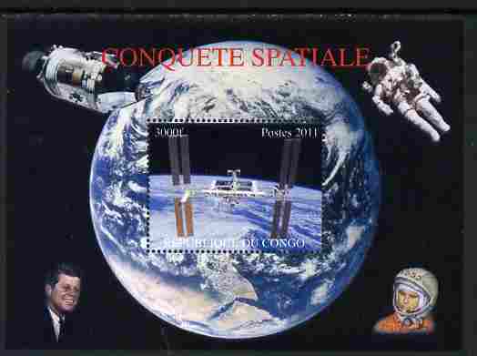 Congo 2011 Conquest of Space #2 perf m/sheet unmounted mint. Note this item is privately produced and is offered purely on its thematic appeal, stamps on , stamps on  stamps on space, stamps on  stamps on kennedy, stamps on  stamps on satellites, stamps on  stamps on usa presidents