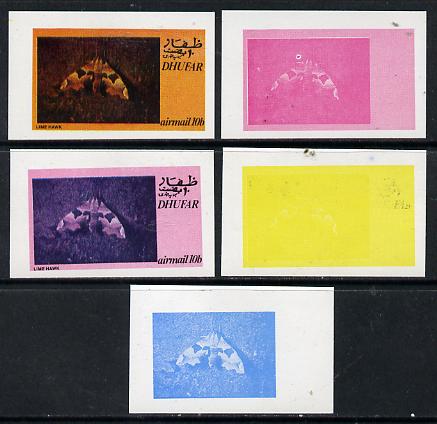 Dhufar 1974 Moths 10b (Lime Hawk) set of 5 imperf progressive colour proofs comprising 3 individual colours (red, blue & yellow) plus 3 and all 4-colour composites unmounted mint, stamps on , stamps on  stamps on butterflies