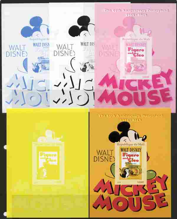 Mali 2011 Mickey Mouse & 55th Anniversary of Disneyland #2 m/sheet - the set of 5 imperf progressive proofs comprising the 4 individual colours plus all 4-colour composit..., stamps on disney, stamps on films, stamps on cinema, stamps on cartoons, stamps on movies, stamps on entertainments