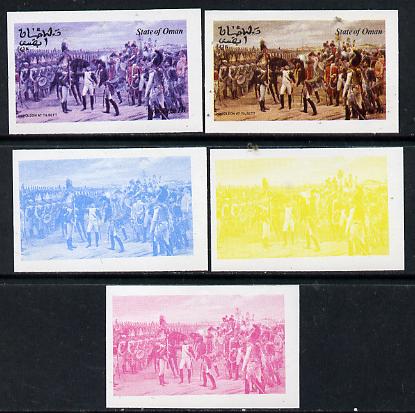 Oman 1974 Napoleon 1b (N at Tilsett) set of 5 imperf progressive colour proofs comprising 3 individual colours (red, blue & yellow) plus 3 and all 4-colour composites unmounted mint, stamps on personalities     history   battles    napoleon  , stamps on dictators.