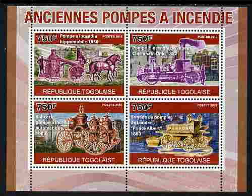 Togo 2010 Old Fire Engines perf sheetlet containing 4 values unmounted mint, Yvert 2336-39, stamps on , stamps on  stamps on transport, stamps on  stamps on fire, stamps on  stamps on horses