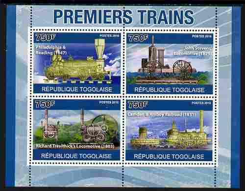 Togo 2010 Early Trains perf sheetlet containing 4 values unmounted mint, Yvert 2348-51, stamps on transport, stamps on railways