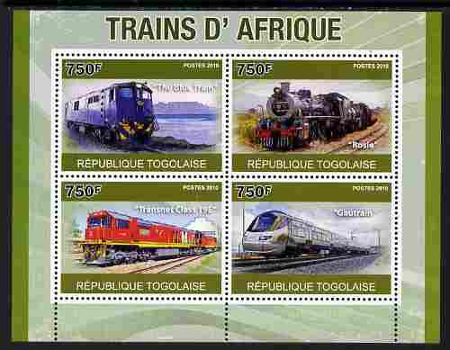 Togo 2010 African Trains perf sheetlet containing 4 values unmounted mint, Yvert 2356-59, stamps on transport, stamps on railways
