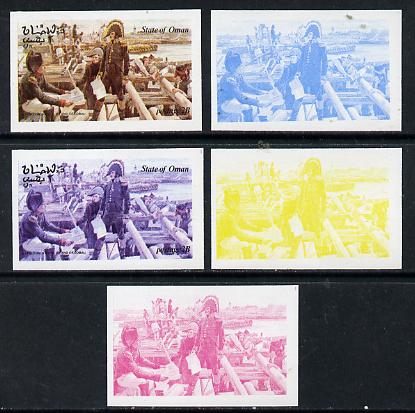 Oman 1974 Napoleon 2b (N at Island of Lobau) set of 5 imperf progressive colour proofs comprising 3 individual colours (red, blue & yellow) plus 3 and all 4-colour compos..., stamps on personalities     history      militaria    napoleon  , stamps on dictators.