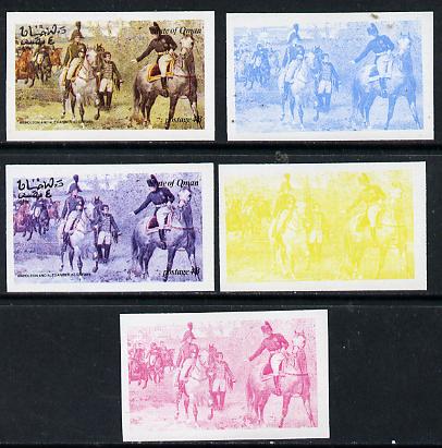 Oman 1974 Napoleon 4b (N & Alexander at Erfurt) set of 5 imperf progressive colour proofs comprising 3 individual colours (red, blue & yellow) plus 3 and all 4-colour com..., stamps on personalities     history   militaria    napoleon  , stamps on dictators.