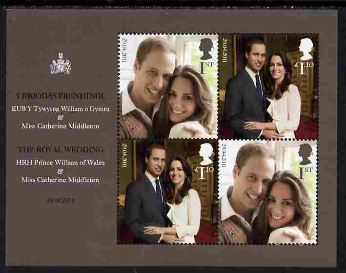 Great Britain 2011 Royal Wedding - Prince William & Kate perf m/sheet containing 4 values unmounted mint , stamps on royalty, stamps on william, stamps on kate, stamps on london, stamps on abbeys