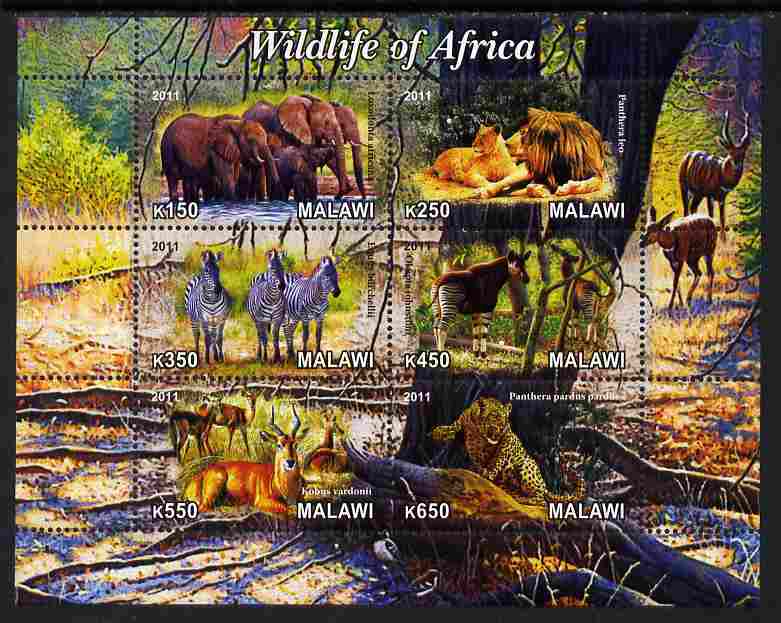 Malawi 2011 Wildlife of Africa #1 perf sheetlet containing 6 values unmounted mint, stamps on , stamps on  stamps on animals, stamps on  stamps on elephants, stamps on  stamps on lions, stamps on  stamps on zebra, stamps on  stamps on leopard