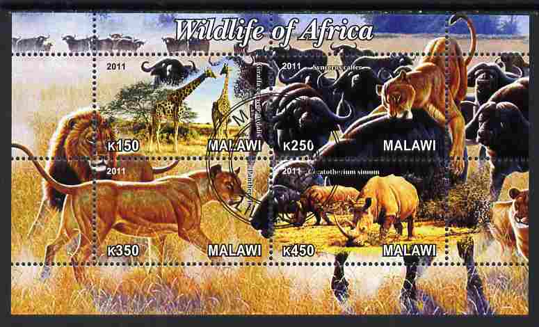 Malawi 2011 Wildlife of Africa #2 perf sheetlet containing 4 values cto used, stamps on , stamps on  stamps on animals, stamps on  stamps on giraffes, stamps on  stamps on lions, stamps on  stamps on zebra, stamps on  stamps on hippos, stamps on  stamps on bison, stamps on  stamps on buffalo