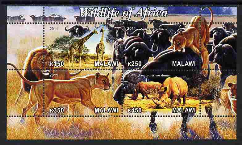 Malawi 2011 Wildlife of Africa #2 perf sheetlet containing 4 values unmounted mint, stamps on animals, stamps on giraffes, stamps on lions, stamps on zebra, stamps on hippos, stamps on bison, stamps on buffalo