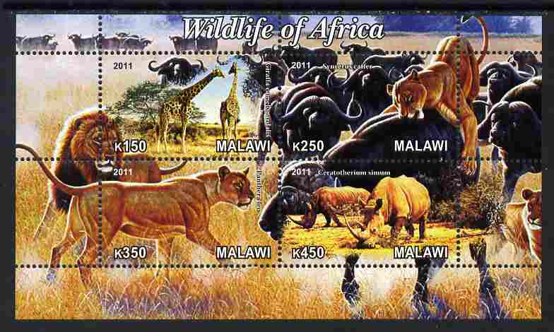 Malawi 2011 Wildlife of Africa #2 perf sheetlet containing 4 values unmounted mint, stamps on , stamps on  stamps on animals, stamps on  stamps on giraffes, stamps on  stamps on lions, stamps on  stamps on zebra, stamps on  stamps on hippos, stamps on  stamps on bison, stamps on  stamps on buffalo