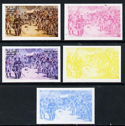 Oman 1974 Napoleon 5b (Capitulation of Baylen) set of 5 imperf progressive colour proofs comprising 3 individual colours (red, blue & yellow) plus 3 and all 4-colour comp..., stamps on personalities     history   battles     militaria    napoleon  , stamps on dictators.