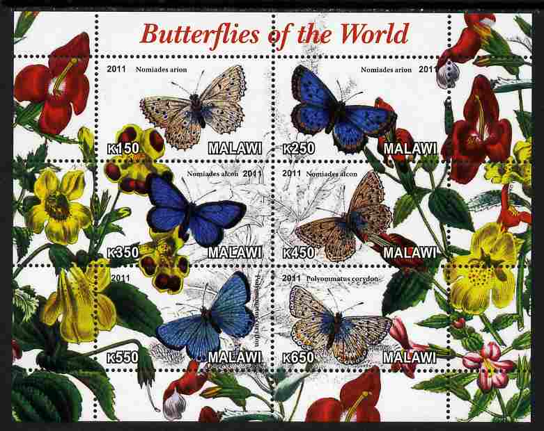 Malawi 2011 Butterflies of the World #1 perf sheetlet containing 6 values unmounted mint, stamps on , stamps on  stamps on butterflies