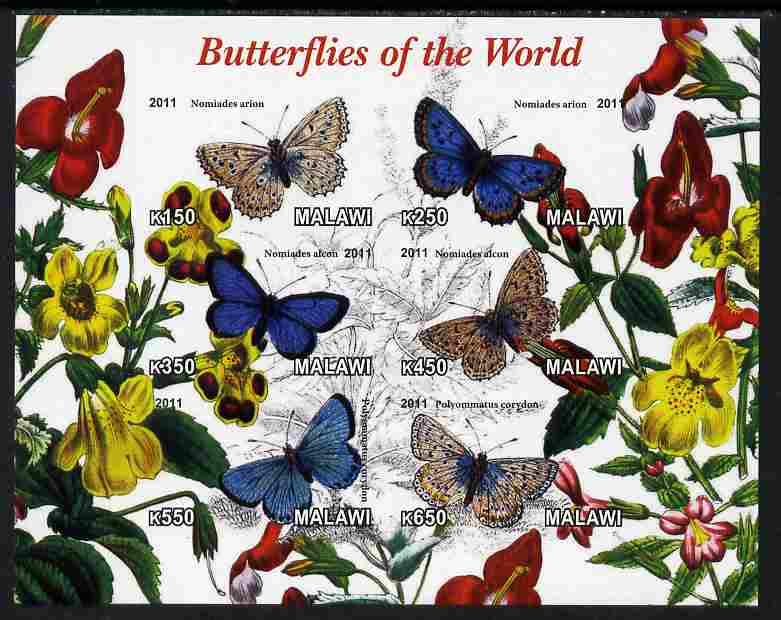 Malawi 2011 Butterflies of the World #1 imperf sheetlet containing 6 values unmounted mint, stamps on , stamps on  stamps on butterflies