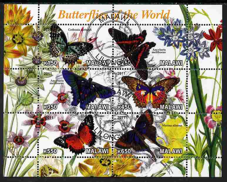 Malawi 2011 Butterflies of the World #2 perf sheetlet containing 6 values cto used, stamps on butterflies