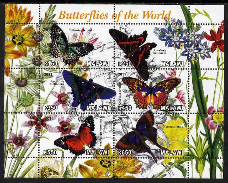 Malawi 2011 Butterflies of the World #2 perf sheetlet containing 6 values unmounted mint, stamps on , stamps on  stamps on butterflies