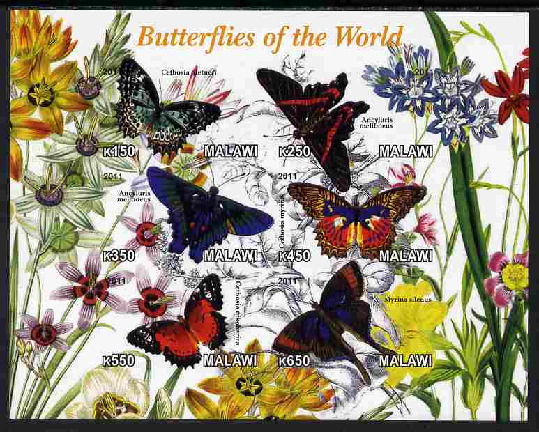 Malawi 2011 Butterflies of the World #2 imperf sheetlet containing 6 values unmounted mint, stamps on , stamps on  stamps on butterflies